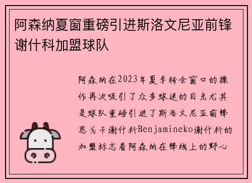 阿森纳夏窗重磅引进斯洛文尼亚前锋谢什科加盟球队
